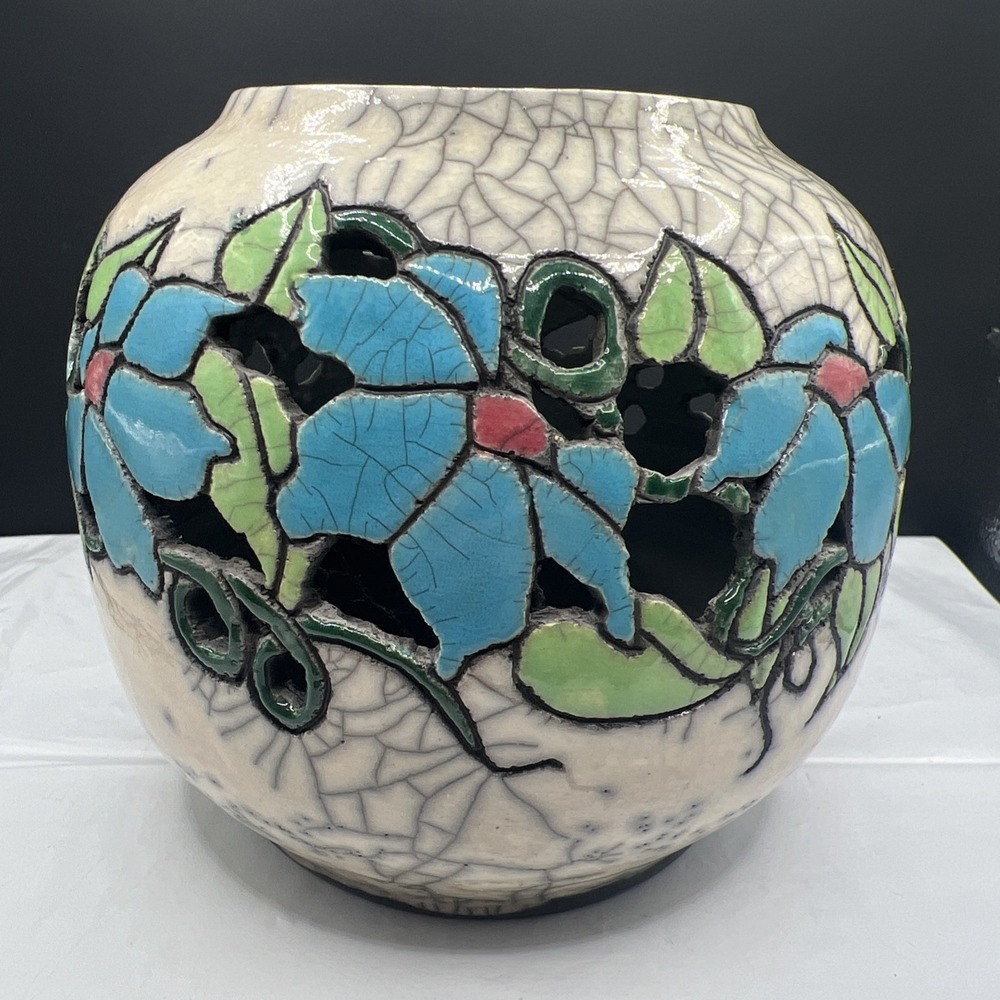 Vintage Studio Art Pottery Raku Cut Out Luminary Candle Holder Unsigned Floral